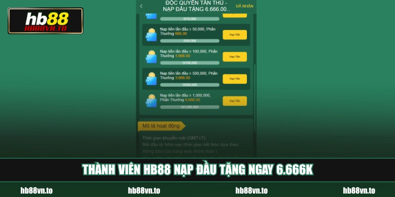 Thành viên HB88 nạp đầu tặng ngay 6.666K
